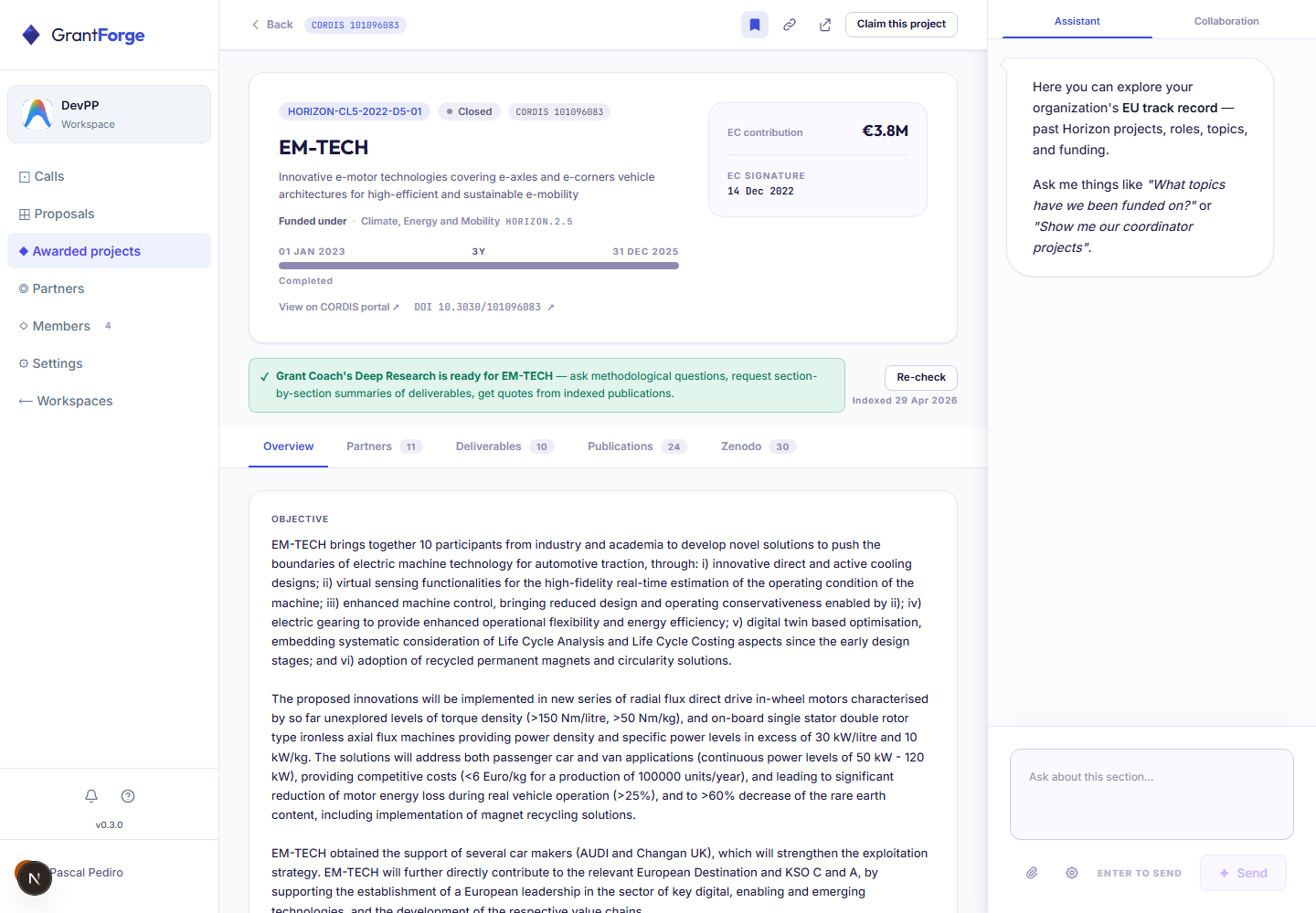 An awarded Horizon project with its partners, deliverables, publications and Deep Research