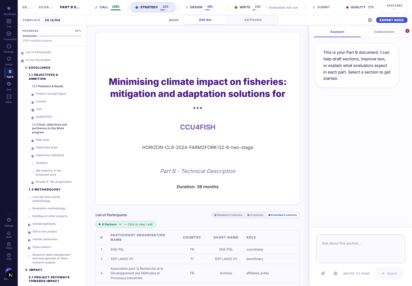 The Part B editor with sections generated from the structured project inputs