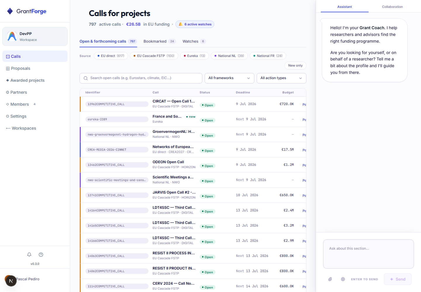 The GrantForge calls view, browsing open European calls across the EU portal and national rails