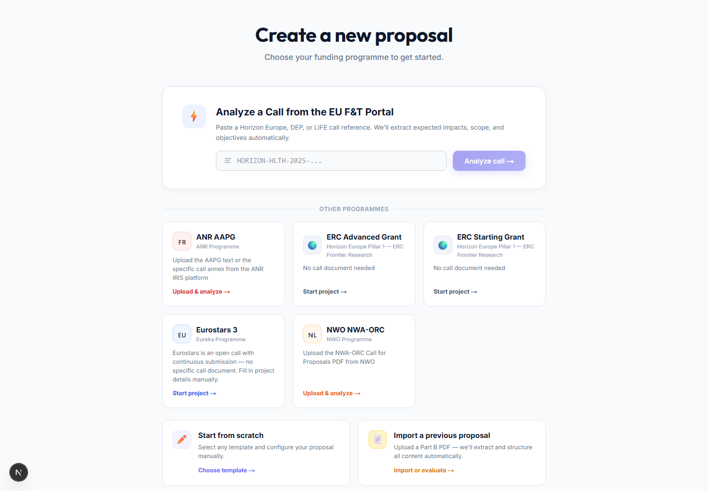 Starting a project from an EU Funding and Tenders call identifier